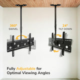 The Mount-It! Full-Motion TV Ceiling Mount is shown on a white wall with a brown wooden ceiling above, featuring 360° swivel and 24° tilt down for fully adjustable, optimal viewing angles. Text reads: “Fully Adjustable for Optimal Viewing Angles.”.