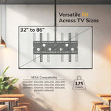 The Mount-It! Full-Motion TV Ceiling Mount is shown in a living room, supporting 32–86" TVs up to 175 lbs with VESA compatibility. It appears above a plant and wooden furniture.
