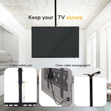 The Mount-It! Full-Motion TV Ceiling Mount for 42-90” screens features a sturdy pole, secure cotter safety pin, and tidy cable management. Insets show these details, with text: Keep your TV secure.