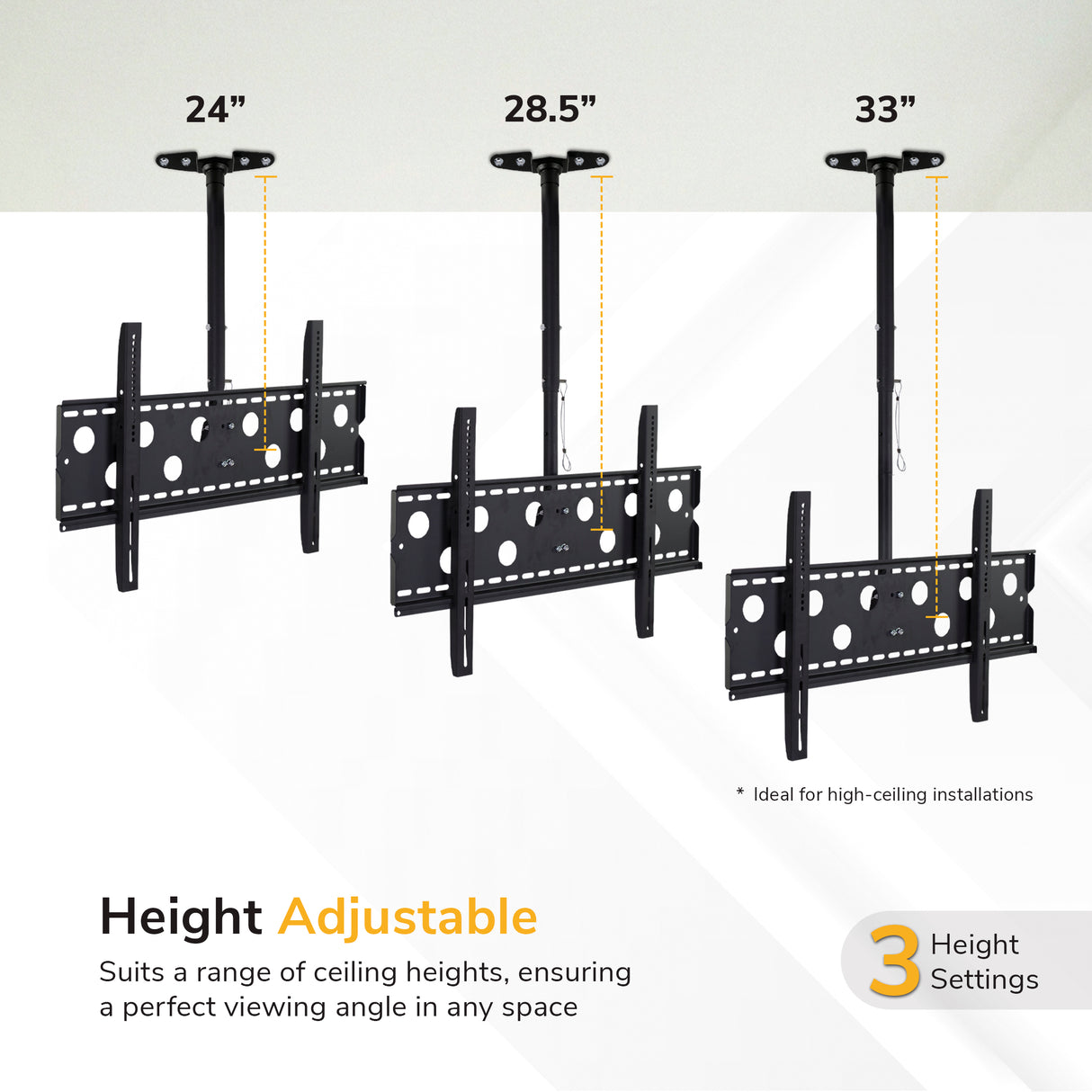 The Mount-It! Full-Motion TV Ceiling Mount for 42-90” screens is shown in black with three adjustable heights: 24, 28.5, and 33 inches, making it ideal for high-ceiling installations.