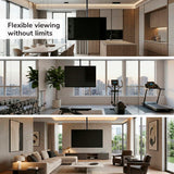 A collage features a Mount-It! Full-Motion TV Ceiling Mount for 42-90” screens in a kitchen, gym, and living room with city views. Text: “Flexible viewing without limits.”.