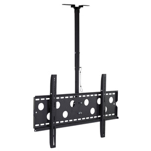 The Mount-It! Full-Motion TV Ceiling Mount for 42-90” screens in black has adjustable vertical and horizontal supports, circular cutouts, and a central pole for secure, height-adjustable installation.