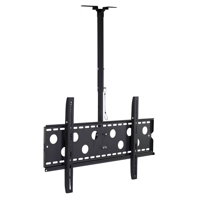 The Mount-It! Full-Motion TV Ceiling Mount for 42-90” screens in black has adjustable vertical and horizontal supports, circular cutouts, and a central pole for secure, height-adjustable installation.