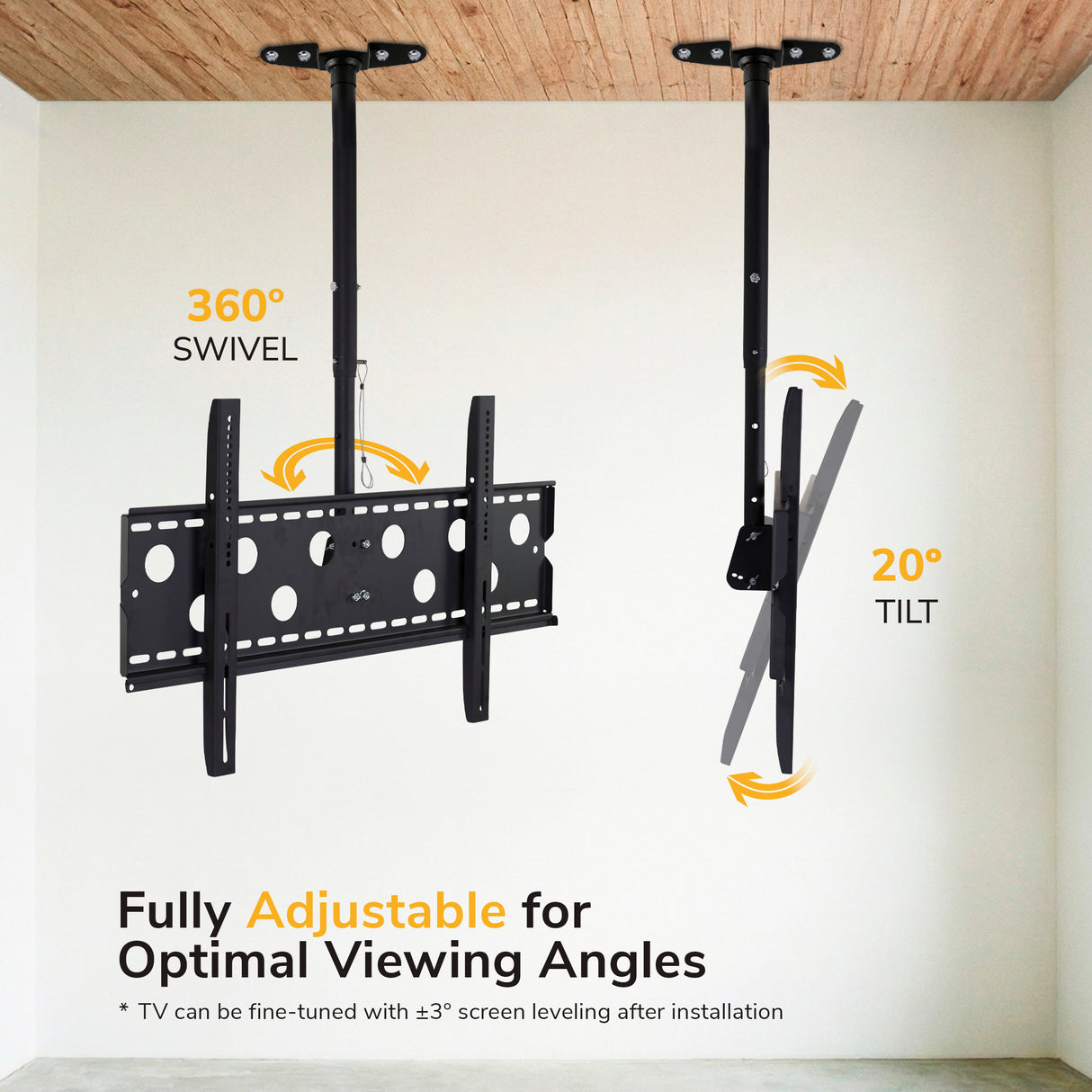 Mount-It! Full-Motion TV Ceiling Mount for 42-90” screens features adjustable arms with 360° horizontal swivel and 20° vertical tilt, offering fully adjustable viewing angles and a heavy-duty design.
