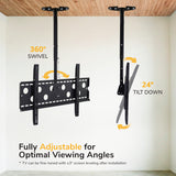 The Mount-It! Full-Motion TV Ceiling Mount is shown in two positions: one with 360° swivel and another with 24° downward tilt. Text highlights its full adjustability and height-adjustable design for optimal viewing angles.