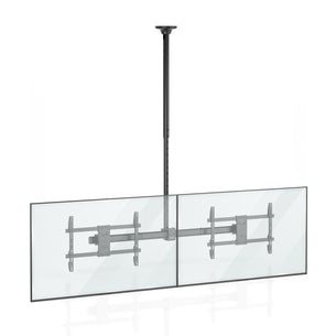 The Mount-It! Dual TV Ceiling Mount with Long Pole suspends two large flat-screen TVs side by side from an adjustable black metal pole—perfect for commercial mounting applications.