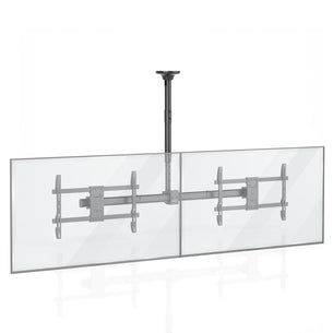 The Mount-It! Dual TV Ceiling Mount with Short Pole in black securely holds two large flat screens side by side, offering adjustable arms and full-motion flexibility—perfect for commercial spaces needing dynamic viewing angles.