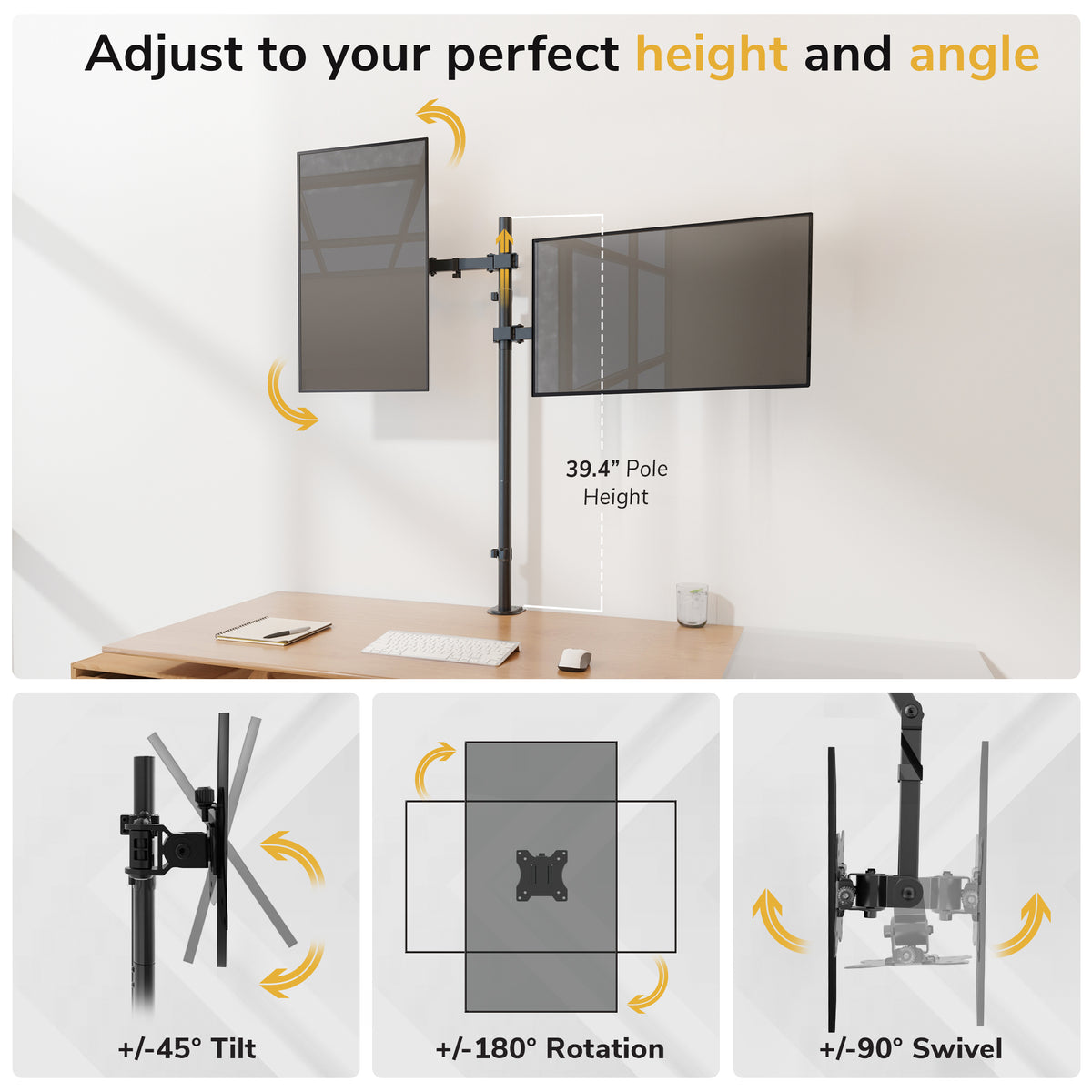 Full Motion Dual Stacking Monitor Mount with Extra-Tall Pole