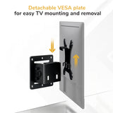 A TV is mounted on a wall using the Mount-It! Low-Profile Tilt TV Wall Mount with a detachable VESA plate, making TV installation and removal simple. Text reads: "Detachable VESA plate for easy TV mounting and removal.