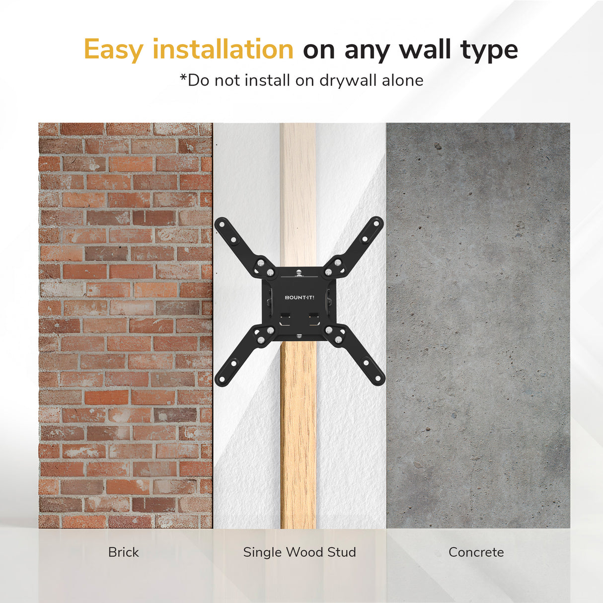 Image of the Mount-It! Low-Profile Tilt TV Wall Mount installed on brick, a wood stud, and concrete. Text: Easy installation on any wall type. Do not install on drywall alone. Compact and versatile TV mount for any space.