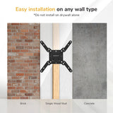 Image of the Mount-It! Low-Profile Tilt TV Wall Mount installed on brick, a wood stud, and concrete. Text: Easy installation on any wall type. Do not install on drywall alone. Compact and versatile TV mount for any space.