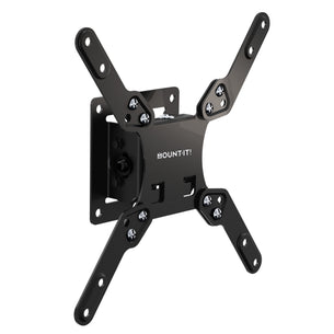 The Mount-It! Low-Profile Tilt TV Wall Mount is a black, adjustable bracket with four arms and multiple screw holes, shown isolated on a white background. The Mount-It! brand name appears on the center plate.