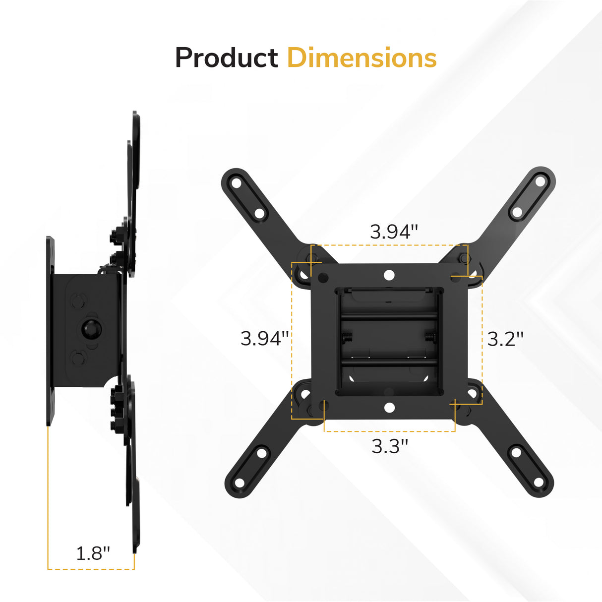 The Mount-It! Low-Profile Tilt TV Wall Mount is shown from side and front angles with labeled measurements of 3.94, 3.3, 3.2, and a depth of 1.8 inches. "Product Dimensions" appears at the top for this compact adjustable mount.