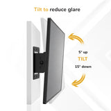 The Mount-It! Low-Profile Tilt TV Wall Mount is shown with a flat-screen tilting 5° up and 15° down, arrows illustrating the range. Text: Tilt to reduce glare.