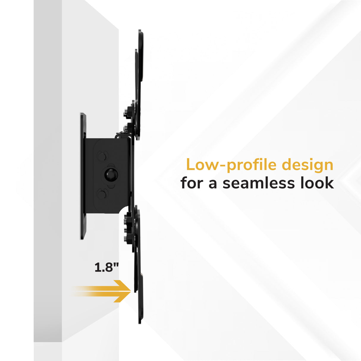 Side view of the Mount-It! Low-Profile Tilt TV Wall Mount attached to a wall, displaying its slim design with the screen only 1.8 inches from the surface. Text reads, “Low-profile design for a seamless look.”.