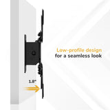 Side view of the Mount-It! Low-Profile Tilt TV Wall Mount attached to a wall, displaying its slim design with the screen only 1.8 inches from the surface. Text reads, “Low-profile design for a seamless look.”.