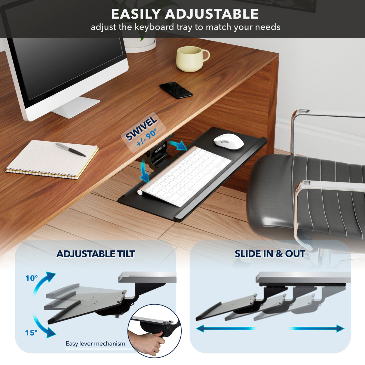 The Mount-It! Adjustable Keyboard Tray and Mouse Platform w/ Wrist Rest Pad features an ergonomic, height-adjustable tray that swivels, tilts, and slides. Diagrams illustrate tilt angles and sliding. A computer, notepad, pen, and chair are shown nearby.
