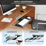 The Mount-It! Adjustable Keyboard Tray and Mouse Platform w/ Wrist Rest Pad features an ergonomic, height-adjustable tray that swivels, tilts, and slides. Diagrams illustrate tilt angles and sliding. A computer, notepad, pen, and chair are shown nearby.