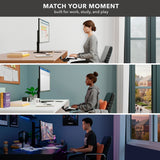 Three people use computers: a woman types in a bright office with the Mount-It! Adjustable Keyboard Tray and Mouse Platform w/ Wrist Rest Pad, another studies in a cozy room, and a man games in a dark, colorful space. Text reads: MATCH YOUR MOMENT.