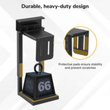 The Mount-It! Heavy-Duty Clamp-On CPU Mount, in black metal, supports up to 66 lbs and features protective pads for stability and scratch prevention. Inset image highlights pad design. Text: Durable, heavy-duty under desk computer mount.