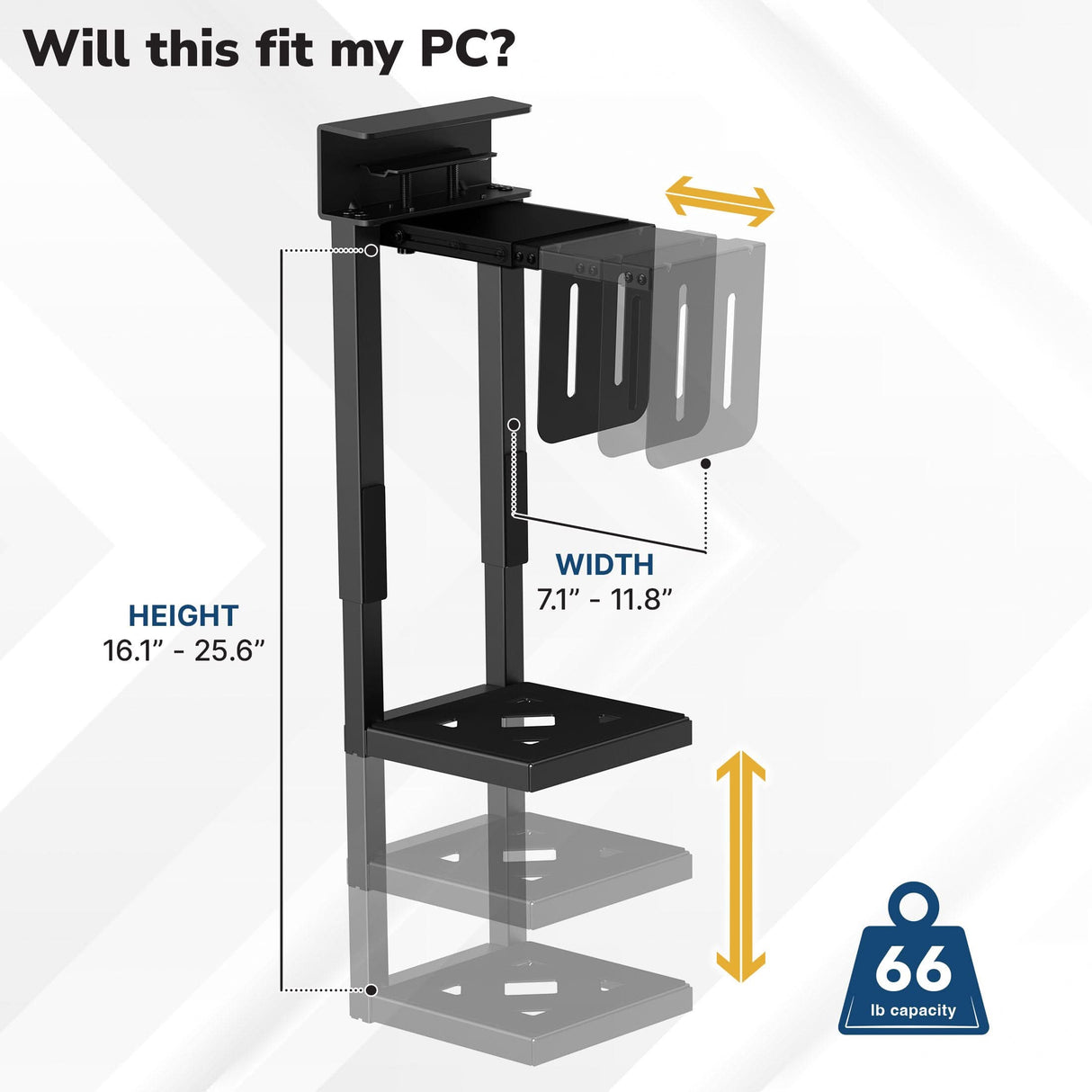 Diagram of the Mount-It! Heavy-Duty Clamp-On CPU Mount highlighting adjustable height (16.1–25.6"), width (7.1–11.8"), and 66 lb capacity, with arrows and labels showing its under desk mounting features.