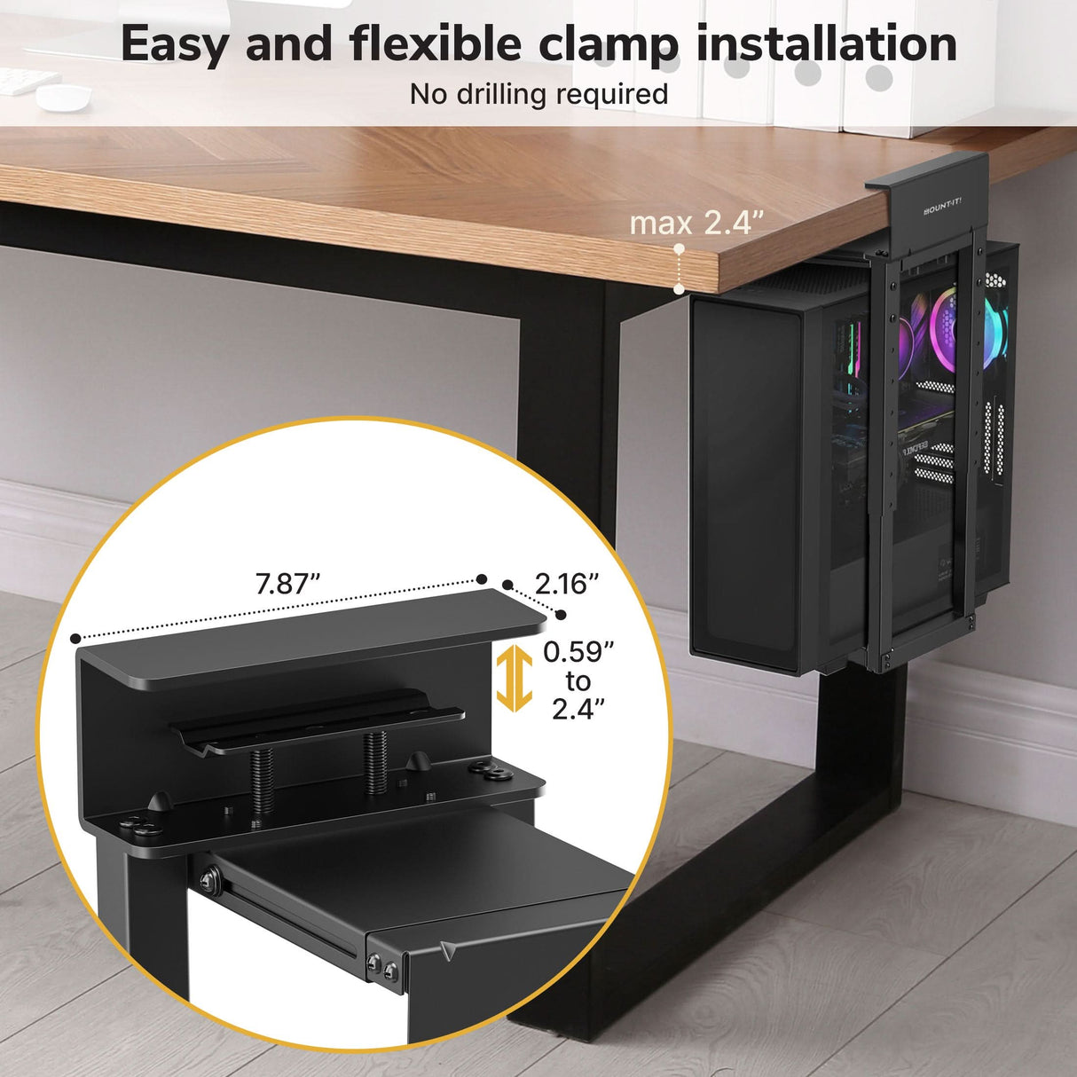The Mount-It! Heavy-Duty Clamp-On CPU Mount secures a black computer case vertically to a wooden desk. The adjustable bracket fits widths from 0.59" to 2.4" and installs easily without drilling, as shown in the included diagram.