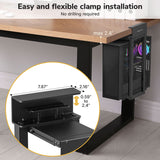 The Mount-It! Heavy-Duty Clamp-On CPU Mount secures a black computer case vertically to a wooden desk. The adjustable bracket fits widths from 0.59" to 2.4" and installs easily without drilling, as shown in the included diagram.