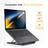 A Portable Folding Laptop Stand by Mount-It! holds a laptop with a diagonal yellow arrow on its screen. Text reads "Compatible with 10 to 15 Devices" alongside icons for 10, 13, and 15 laptops on the right.