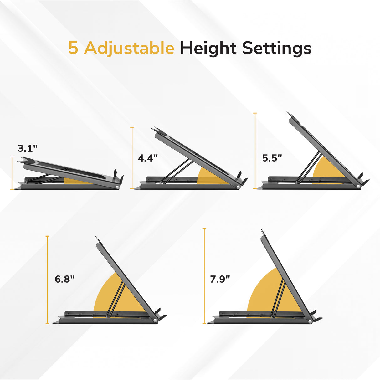 Graphic displays the Mount-It! Portable Folding Laptop Stand with five adjustable heights (3.1, 4.4, 5.5, 6.8, 7.9). Side-view diagrams and yellow angle arcs show each position for easy adjustment.