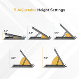 Graphic displays the Mount-It! Portable Folding Laptop Stand with five adjustable heights (3.1, 4.4, 5.5, 6.8, 7.9). Side-view diagrams and yellow angle arcs show each position for easy adjustment.