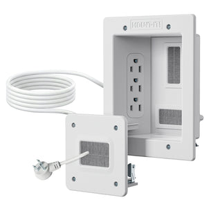 The Mount-It! In-Wall TV Cable Concealer with Recessed Power features three sockets, a detachable cover, ventilation slots, and a coiled right-angle plug—ideal for cable management and neat TV installations.