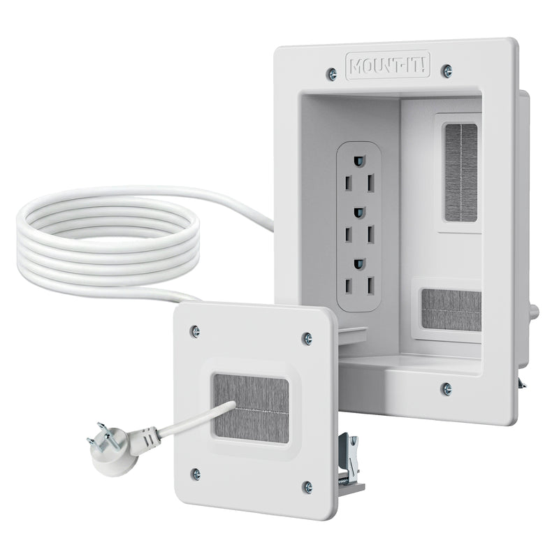 The Mount-It! In-Wall TV Cable Concealer with Recessed Power features three sockets, a detachable cover, ventilation slots, and a coiled right-angle plug—ideal for cable management and neat TV installations.