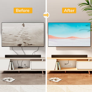 Split image: Before shows messy TV cables, After features the Mount-It! In-Wall Cable Management Kit with USB for sleek, organized cable concealment. TV scenes differ; furniture and decor remain the same.