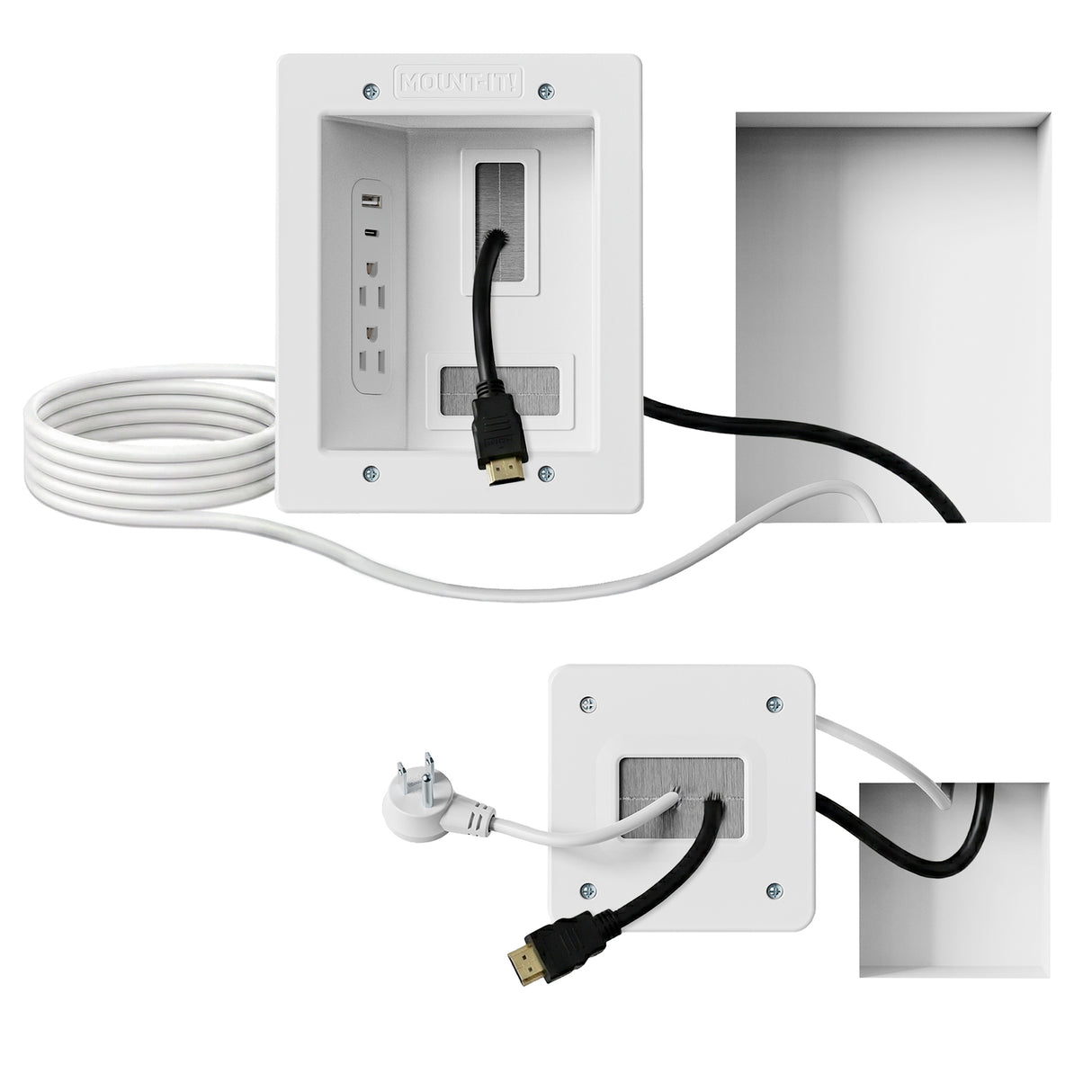 The Mount-It! In-Wall Cable Management Kit with USB includes two white recessed plates: the top features a power outlet, USB port, and HDMI, while the bottom offers an outlet and HDMI—ideal for easy TV cable organization and installation.