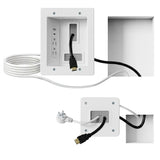 The Mount-It! In-Wall Cable Management Kit with USB includes two white recessed plates: the top features a power outlet, USB port, and HDMI, while the bottom offers an outlet and HDMI—ideal for easy TV cable organization and installation.