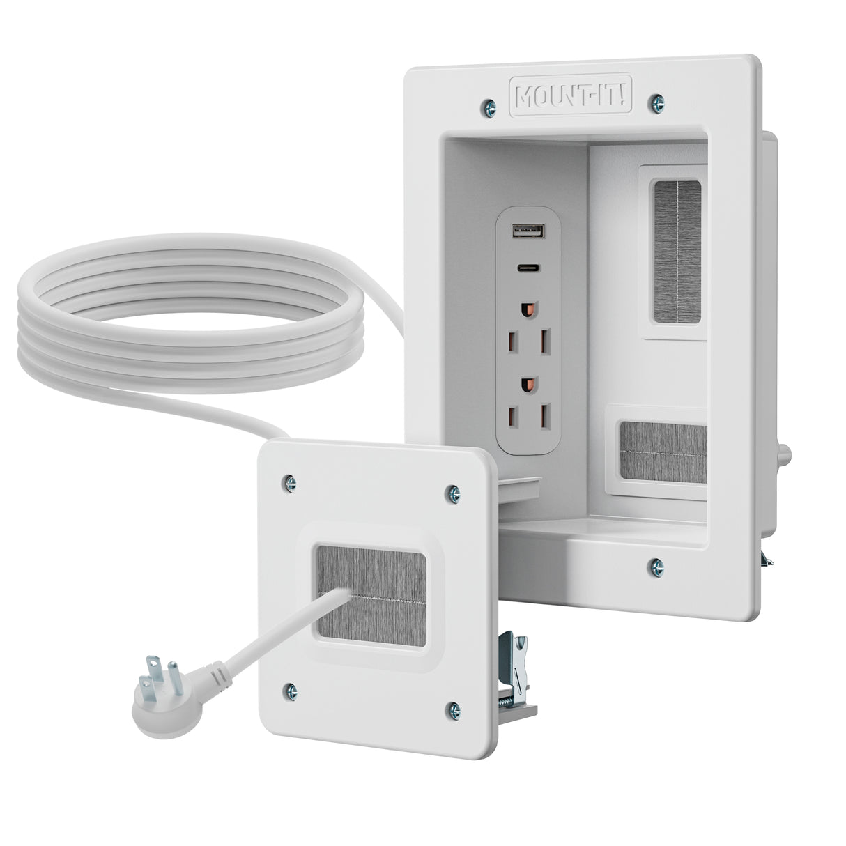 The Mount-It! In-Wall Cable Management Kit with USB features two power sockets, a USB port, faceplate, and long power cord for easy in-wall installation—perfect as a TV cord organizer with visible mounting hardware.
