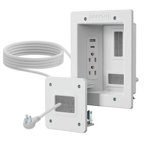 The Mount-It! In-Wall Cable Management Kit with USB features two power sockets, a USB port, faceplate, and long power cord for easy in-wall installation—perfect as a TV cord organizer with visible mounting hardware.