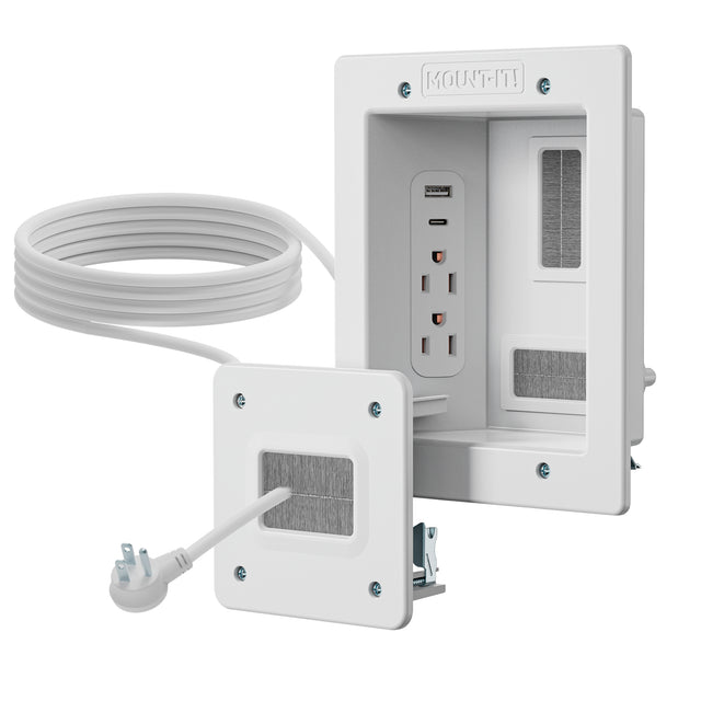 The Mount-It! In-Wall Cable Management Kit with USB features two power sockets, a USB port, faceplate, and long power cord for easy in-wall installation—perfect as a TV cord organizer with visible mounting hardware.