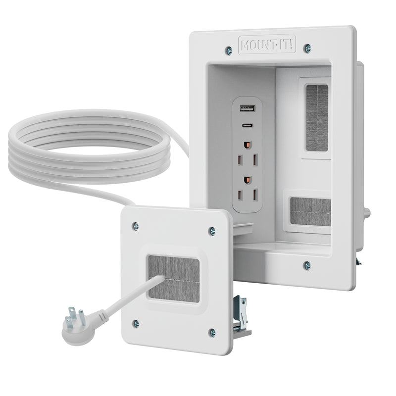 The Mount-It! In-Wall Cable Management Kit with USB features two power sockets, a USB port, faceplate, and long power cord for easy in-wall installation—perfect as a TV cord organizer with visible mounting hardware.