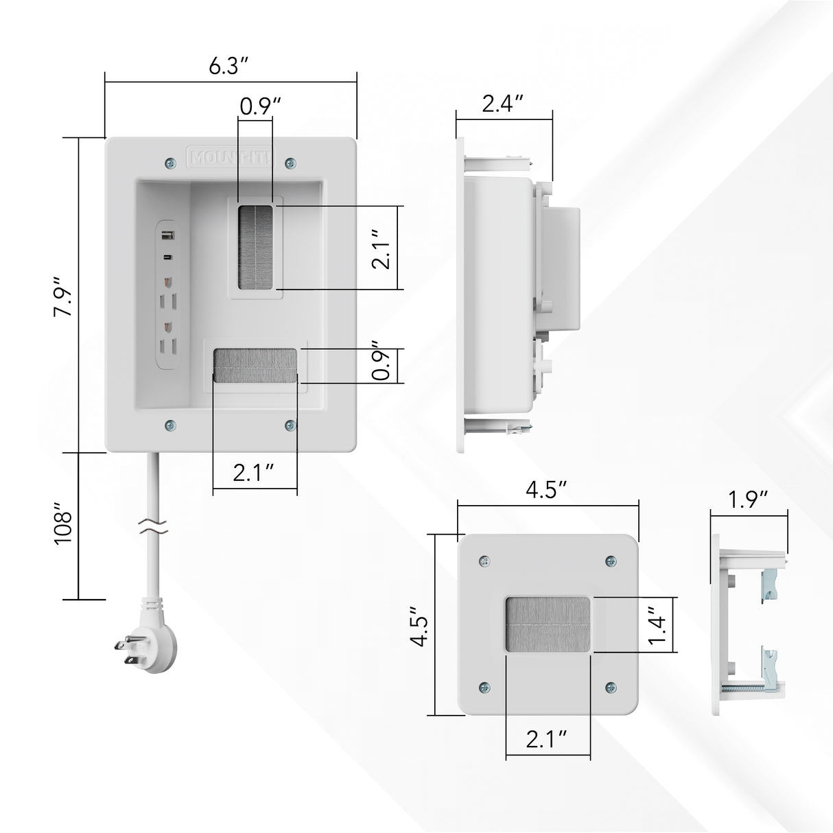 Technical diagram of the Mount-It! In-Wall Cable Management Kit with USB, featuring a white recessed outlet and organizer (7.9″ x 6.3″ front, 2.4″ depth, 10.8″ cord height)—ideal for TV cable management. Close-ups highlight outlet and pass-through sizes.