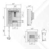 Technical diagram of the Mount-It! In-Wall Cable Management Kit with USB, featuring a white recessed outlet and organizer (7.9″ x 6.3″ front, 2.4″ depth, 10.8″ cord height)—ideal for TV cable management. Close-ups highlight outlet and pass-through sizes.