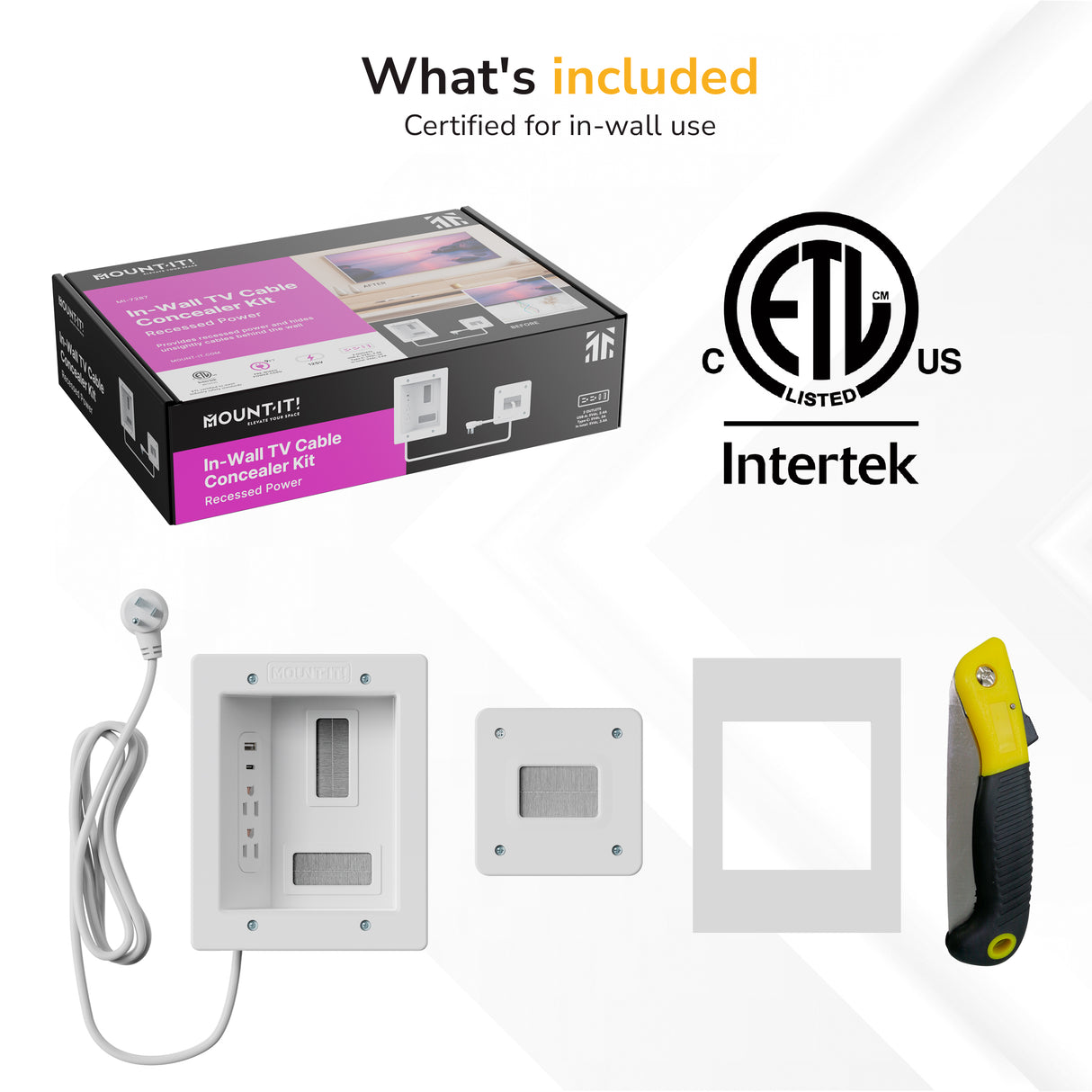 The Mount-It! In-Wall Cable Management Kit with USB includes a recessed power outlet, cable pass-through plate, wall cover, utility knife, and ETL/Intertek certification. Text reads: What's included.