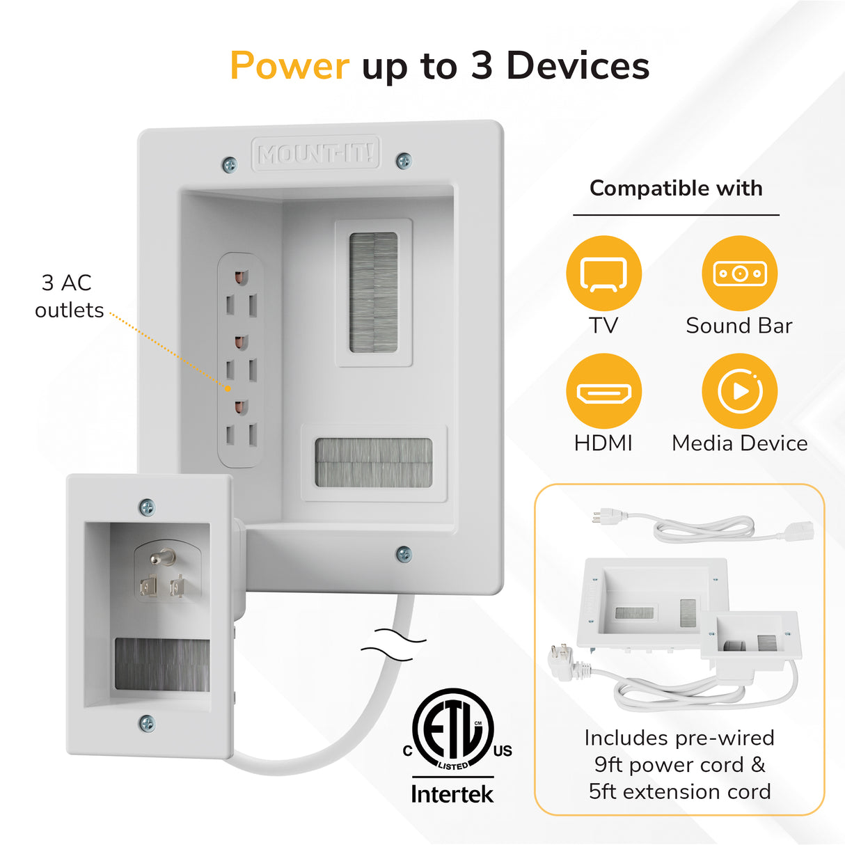 Mount-It! In-Wall Cable Management Kit with Power Input Module features 3 recessed AC outlets for TV and media devices, in-wall cable concealment, pre-wired 9ft power cord, 5ft extension, and ETL certification—ideal for seamless behind-the-wall cable routing.