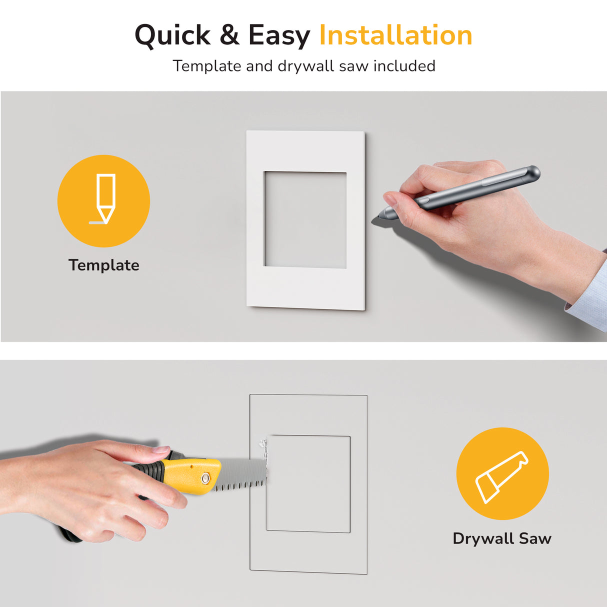 Using the Mount-It! In-Wall Cable Management Kit with Power Input Module, a user outlines the area with the included template, marks it with a pencil, then cuts along the lines using a drywall saw; icons guide each quick installation step.