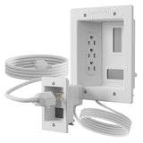 The Mount-It! In-Wall Cable Management Kit with Power Input Module features three recessed AC outlets, a cable management box, long white power cord, faceplate, and extra outlet cover for clean cable concealment and easy installation.