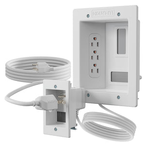 The Mount-It! In-Wall Cable Management Kit with Power Input Module features three recessed AC outlets, a cable management box, long white power cord, faceplate, and extra outlet cover for clean cable concealment and easy installation.