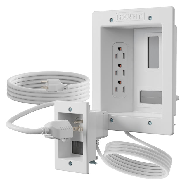 The Mount-It! In-Wall Cable Management Kit with Power Input Module features three recessed AC outlets, a cable management box, long white power cord, faceplate, and extra outlet cover for clean cable concealment and easy installation.