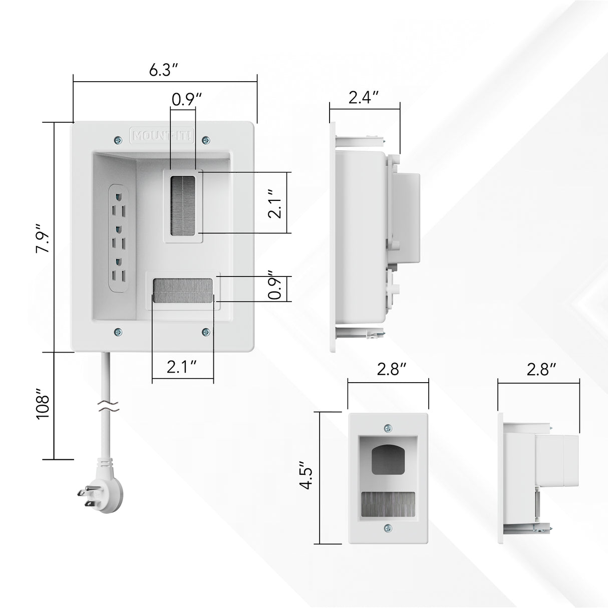 The Mount-It! In-Wall Cable Management Kit with Power Input Module features a white recessed AC outlet for in-wall cable concealment, front/side/alternate views, labeled cutout areas, and dimensions: 7.9"x5" panel, 2.4" depth, 2.8"x4.5" side panel.