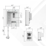 The Mount-It! In-Wall Cable Management Kit with Power Input Module features a white recessed AC outlet for in-wall cable concealment, front/side/alternate views, labeled cutout areas, and dimensions: 7.9"x5" panel, 2.4" depth, 2.8"x4.5" side panel.