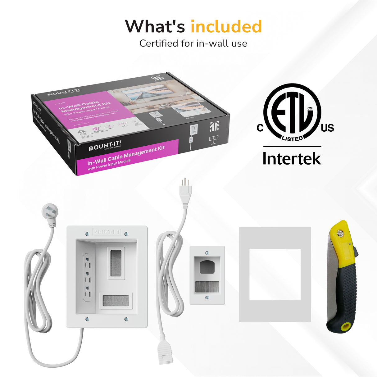 Image of the Mount-It! In-Wall Cable Management Kit with Power Input Module, featuring two wall plates, a power cord, wall box, white faceplate, utility knife, certification logos, and box packaging in the background.
